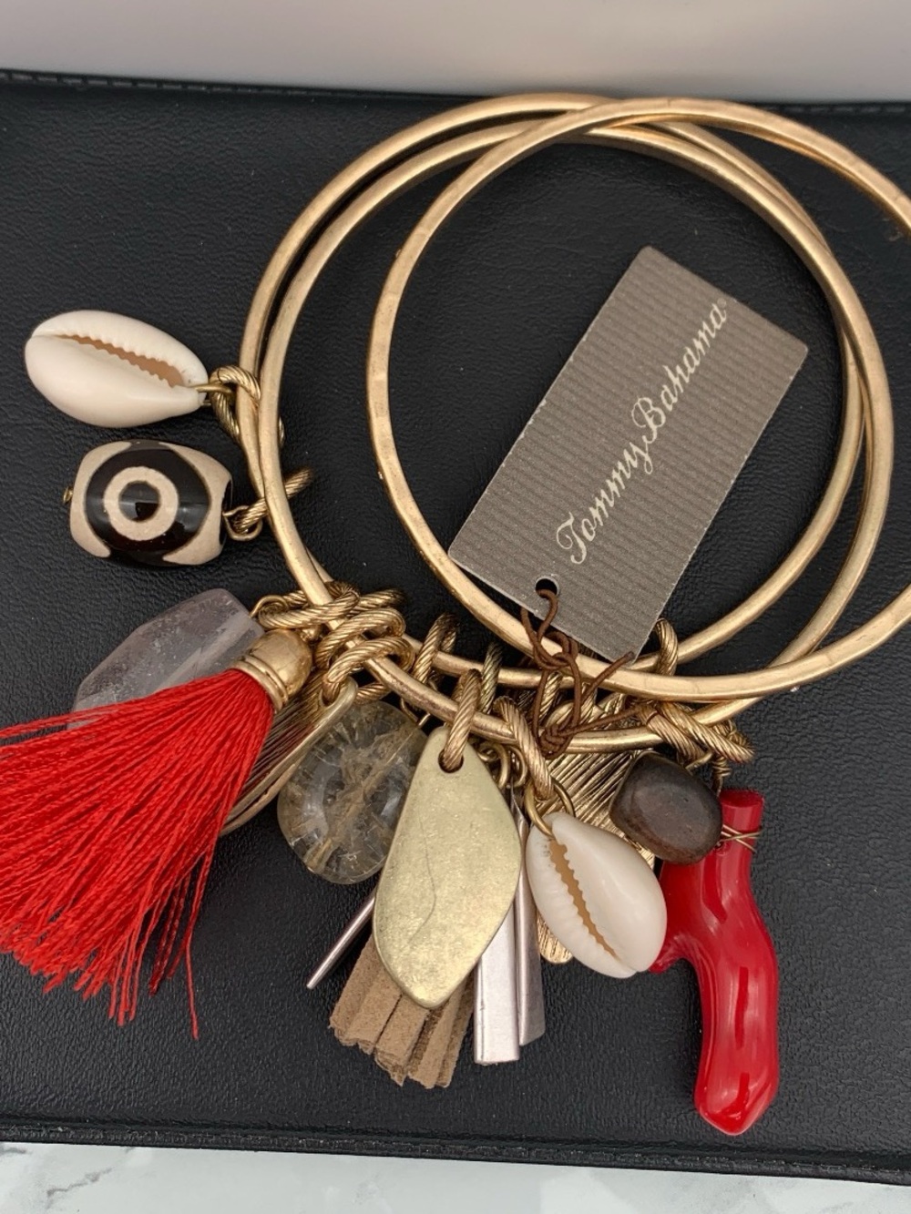 NWT Tommy Bahama matte Gold-Tone Charm Bangle Set of 3 with a nautical theme